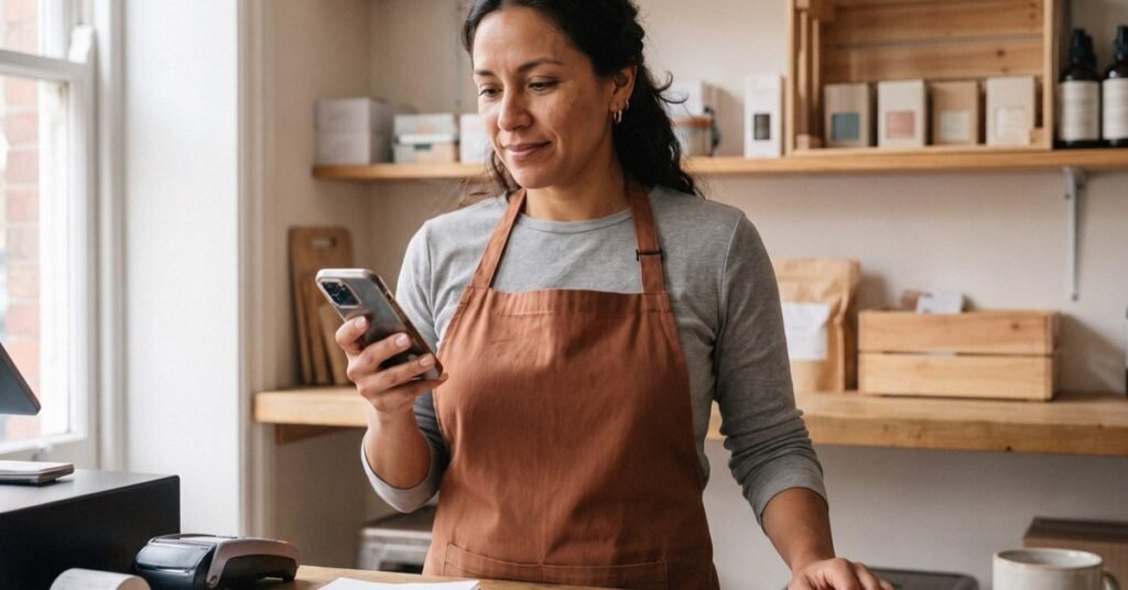 Small business owner checking phone in shop