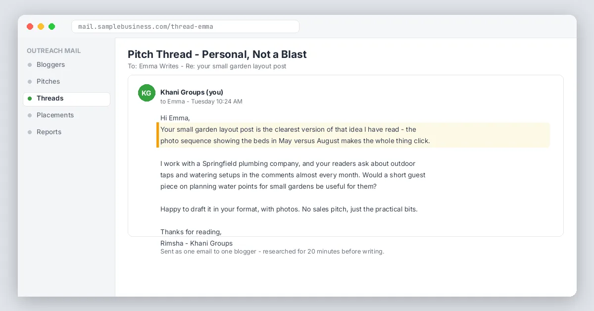 Personalized pitch email thread screenshot