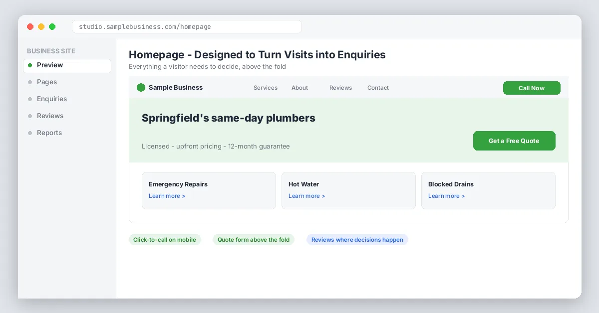 Business homepage mockup with call buttons