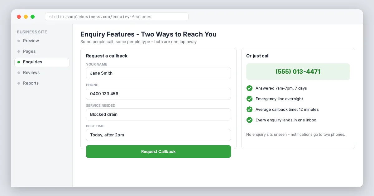 Enquiry form and click-to-call panel