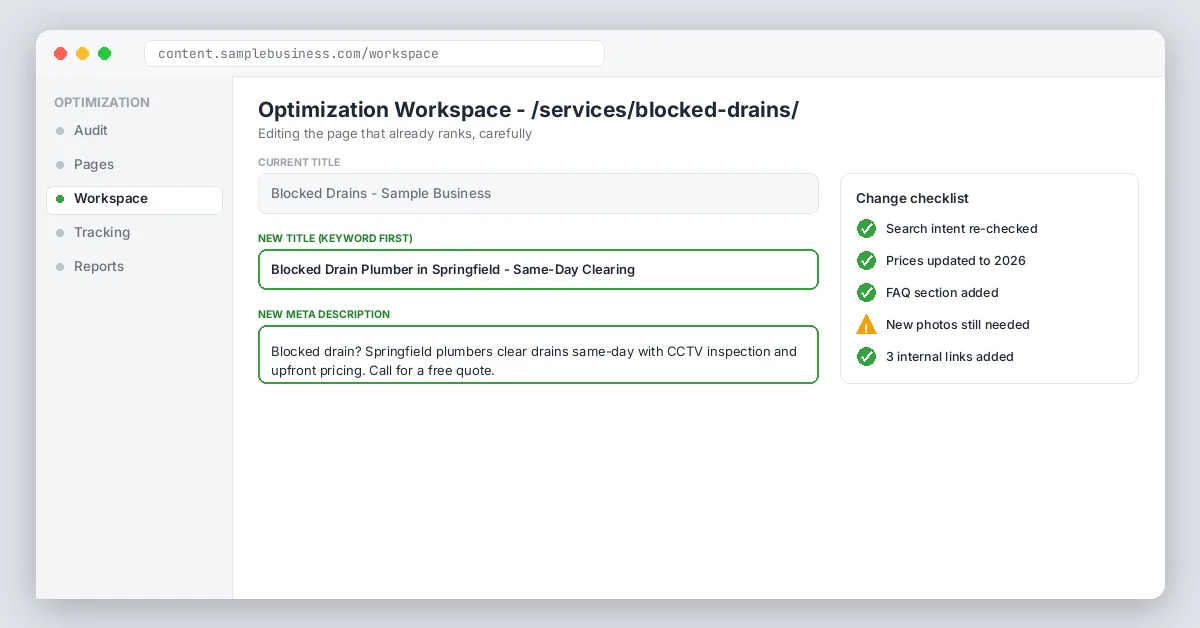 Optimization workspace editing title and meta