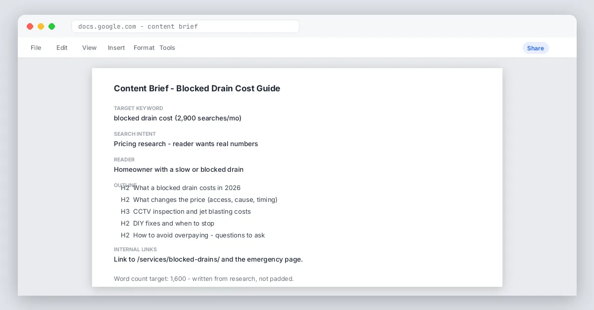 Content brief document with outline