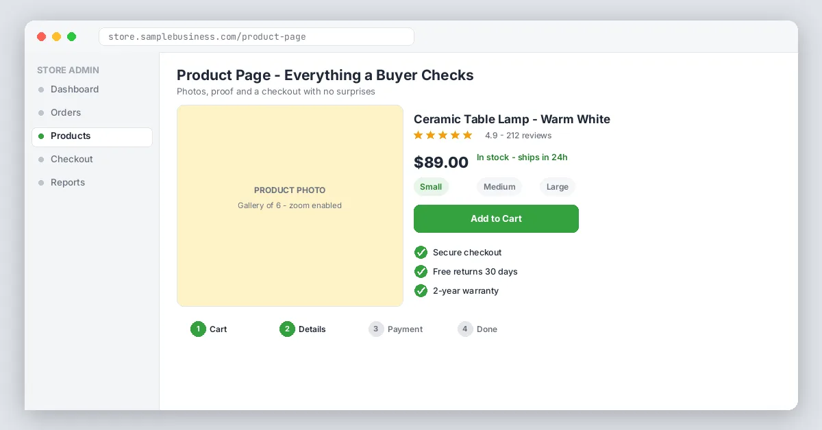 Product page with trust badges