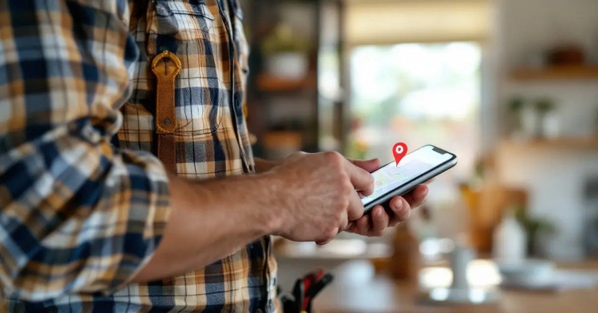 Tradie holding smartphone with map