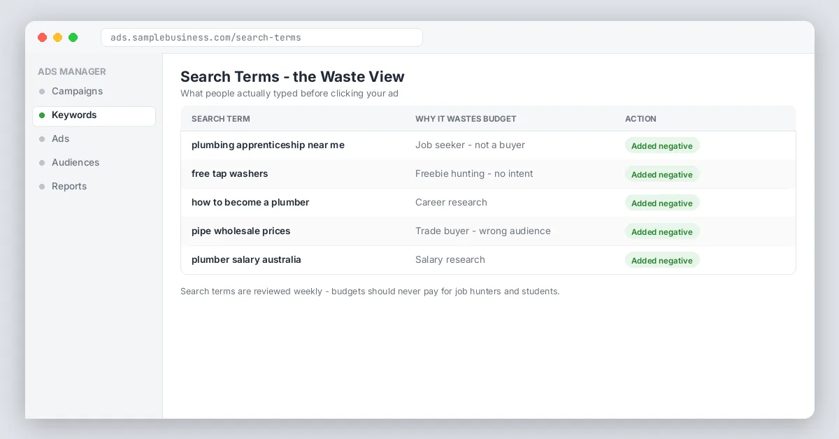 Search terms waste view screenshot
