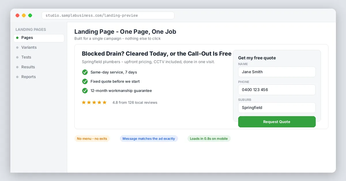 Landing page with quote form mockup