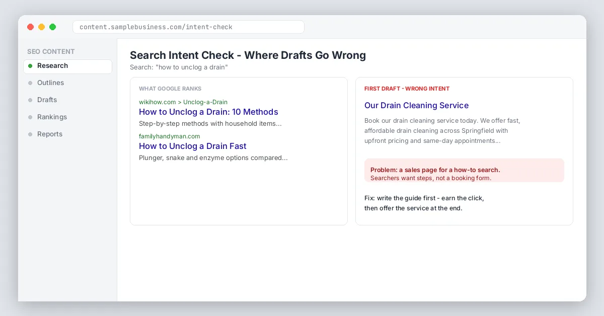 Search intent mismatch comparison panels