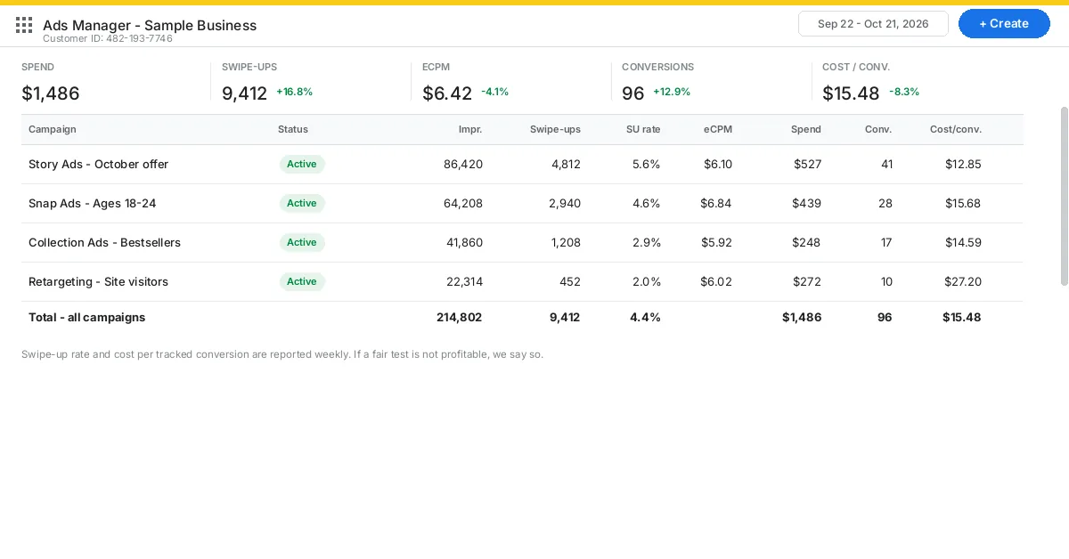 Social ads campaigns report screenshot