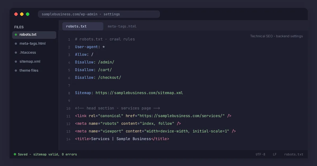 Code editor showing robots and meta settings