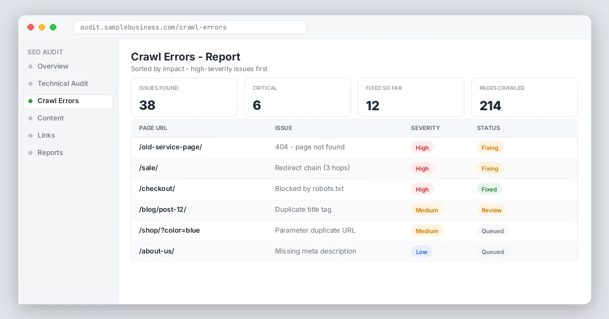Crawl errors report table screenshot