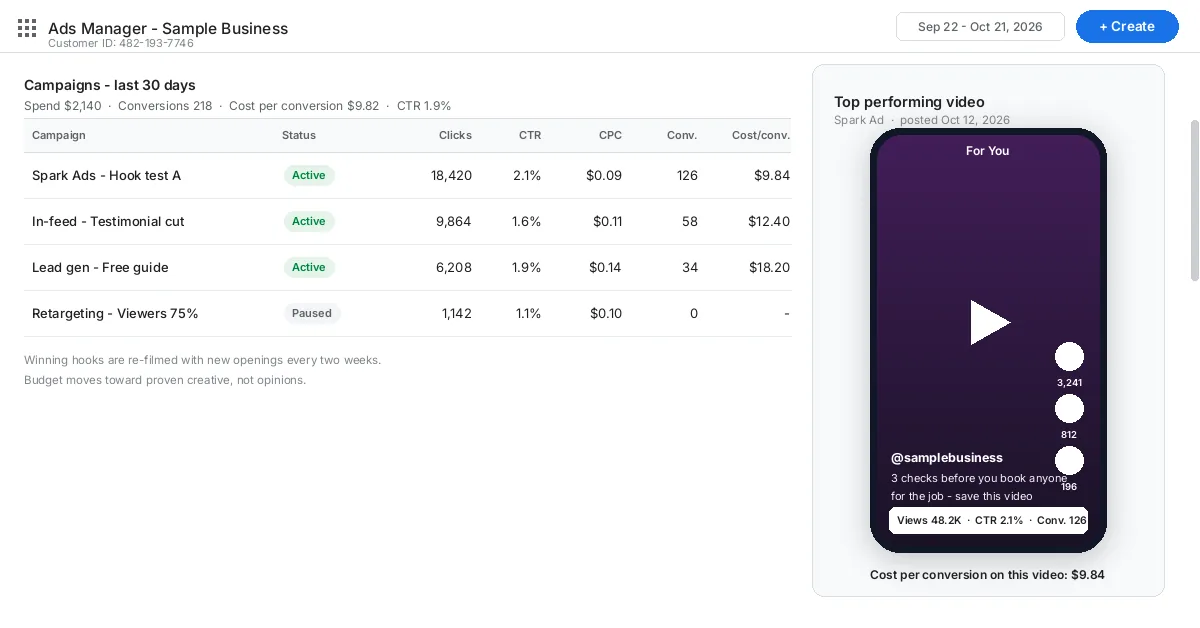 Ads manager with video report screenshot