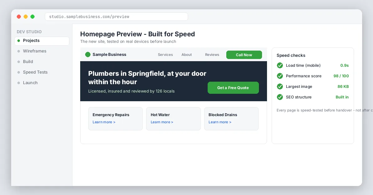 Homepage preview with speed check results