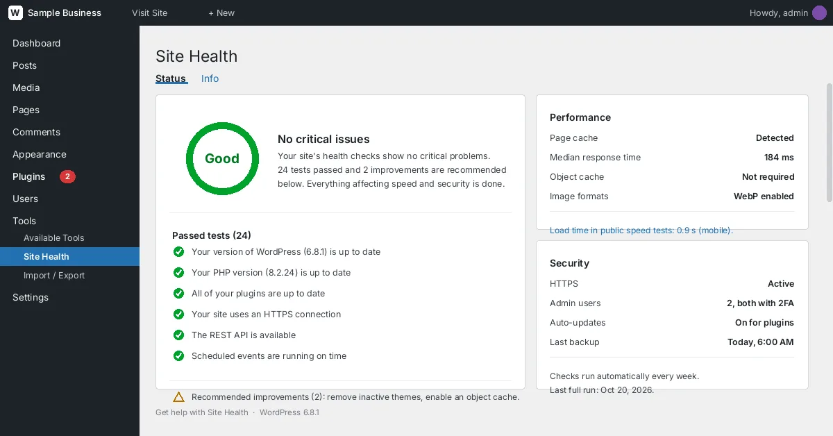 WordPress Site Health report screenshot